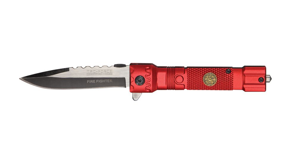 Tac Force Flashlight A/O Fold Knife, two tone black and silver HC steel blade, Fire Fighter etch Handle TF703FD