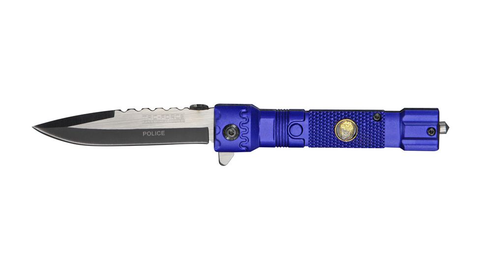 Tac Force Flashlight A/O Fold Knife, two tone black and silver HC steel blade, Police etch Hanldle TF703PD