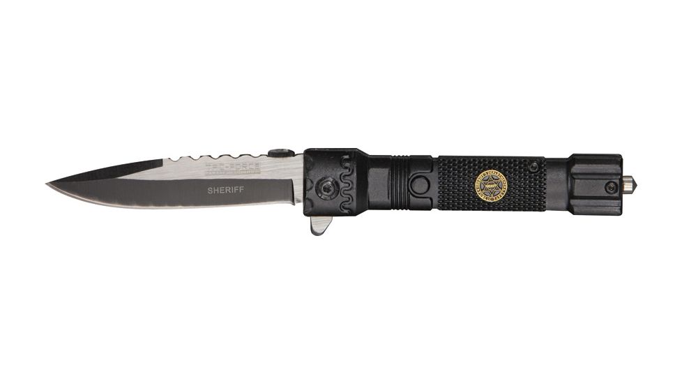 Tac Force Flashlight A/O Fold Knife, two tone black and silver HC steel blade, Sheriff etch Handle TF703SH