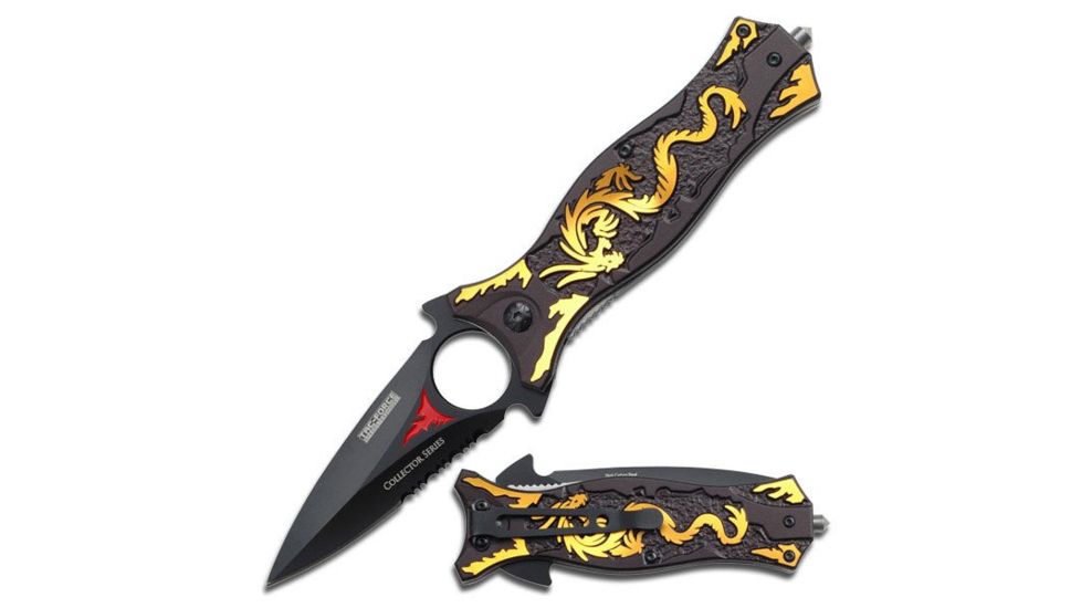 TAC Force Folding Blade, 3.5in, Stainless Steel Blade, Gold Dragon Aluminum Handle TF-707GD