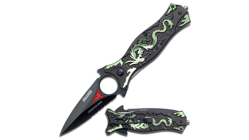 TAC Force Folding Blade, 3.5in, Stainless Steel Blade, Green Dragon Aluminum Handle TF-707GN