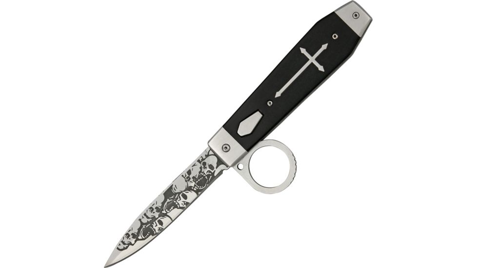 Tac Force Goth Folder A/O Fold Knife, SS daggerA/O blade, Coffin shaped handles w/ black Comp. inlay Handle TF595BW