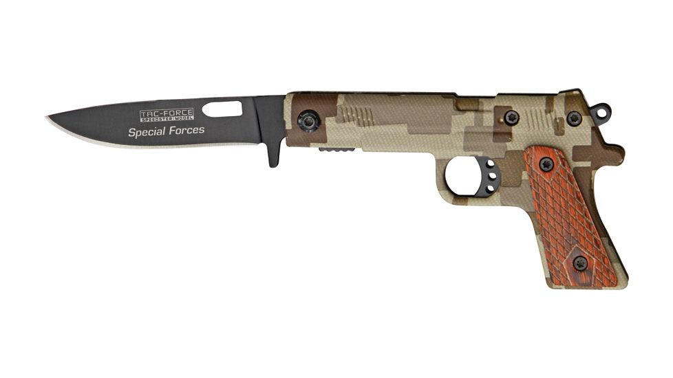 Tac Force Gun Shaped Camo Lock  Fold Knife, 3.5in, Black SS PE, Tan digital camo Alum. handle TF662SFS