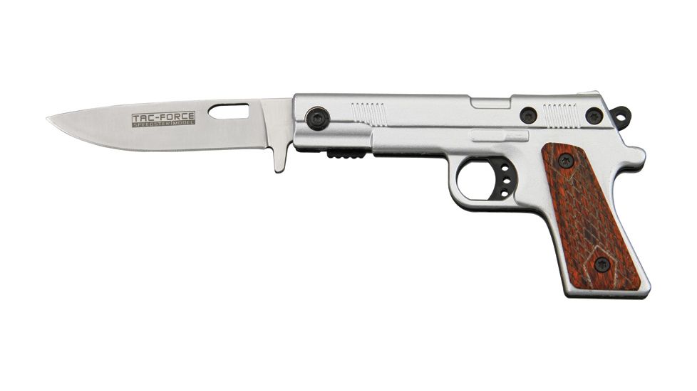 Tac Force Gun Shaped Lock Fold Knife, SS PE Blade, Silver Alum. handle TF662S