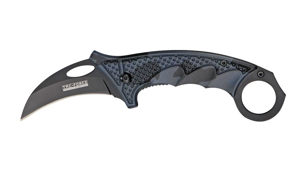 Tac Force Karambit Linerlock Fold Knife 4 5/8in, black coated HC steel hawkbill blade, Fingergrooved gun metal gray camo Alum. handle TF596BC