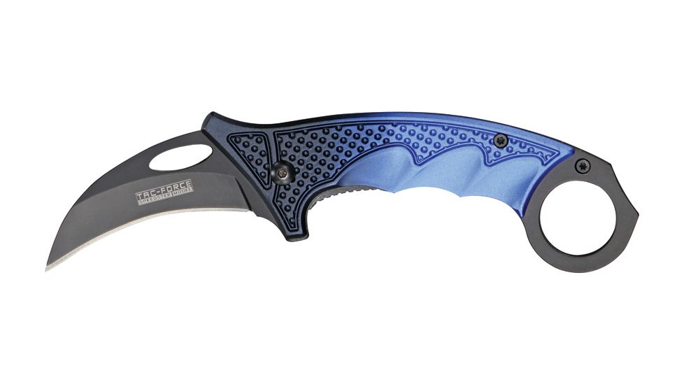 Tac Force Karambit Linerlock Fold Knife 4 5/8in, black coated HC steel hawkbill blade, Fingergrooved two tone black and blue Alum. handle TF596BL