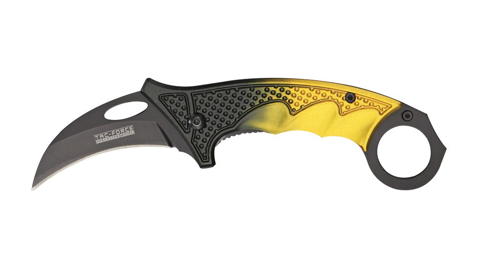 Tac Force Karambit Linerlock Fold Knife 4 5/8in, black coated HC steel hawkbill blade, Fingergrooved two tone black and gold Alum. handle TF596YL