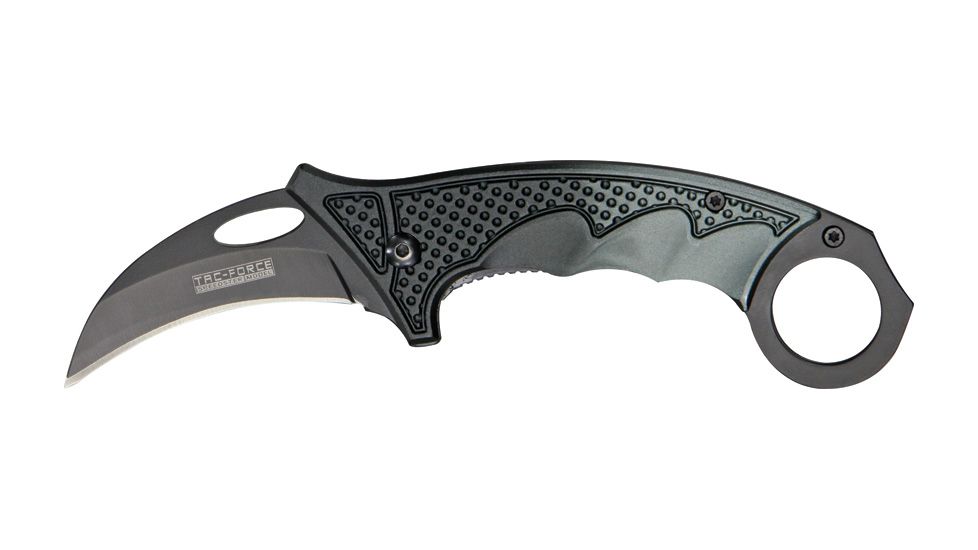 Tac Force Karambit Linerlock Fold Knife 4 5/8in, black coated HC steel hawkbill blade, Fingergrooved two tone black and gun metal gray Al TF596GY