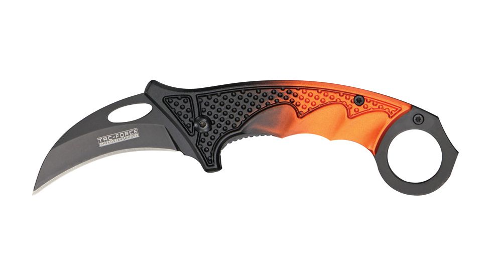 Tac Force Karambit Linerlock Fold Knife 4 5/8in, black coated HC steel hawkbill blade, Fingergrooved two tone black and orange Alum. hand TF596OR
