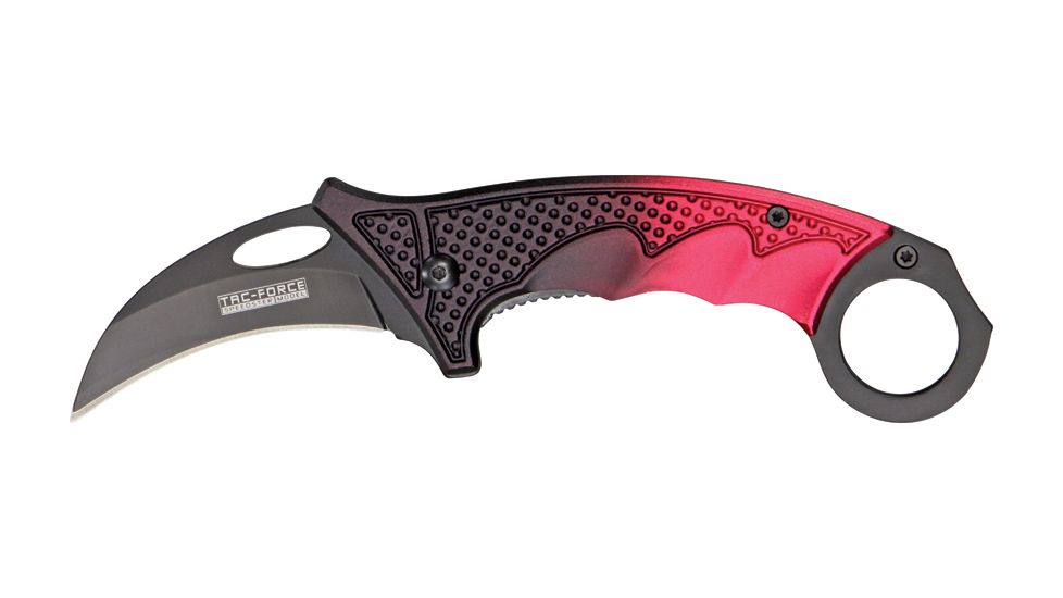 Tac Force Karambit Linerlock Fold Knife 4 5/8in, black coated HC steel hawkbill blade, Fingergrooved two tone black and red Alum. handle TF596RD