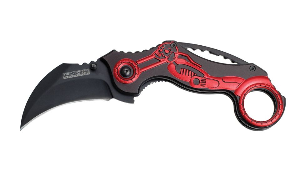 Tac Force Karambit Linerlock Fold Knife 5.25in, black finish SS karambit blade, Red motorcycle onlay design Handle TF578MR