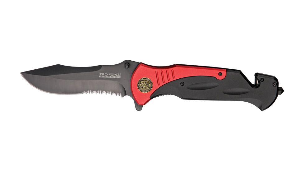 Tac Force Large Rescue Linerlock Fold Knife, black coated HC SS, Red and black anodized Handle TF727FD