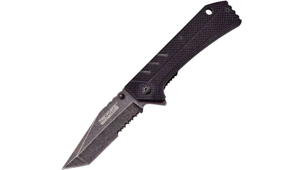 TAC Force Linerlock A/O Black Folding Knife,3.5in,Stainless Steel,Partially Serrated,Tanto,Stonewash,Black,G10 Handle TF851BK
