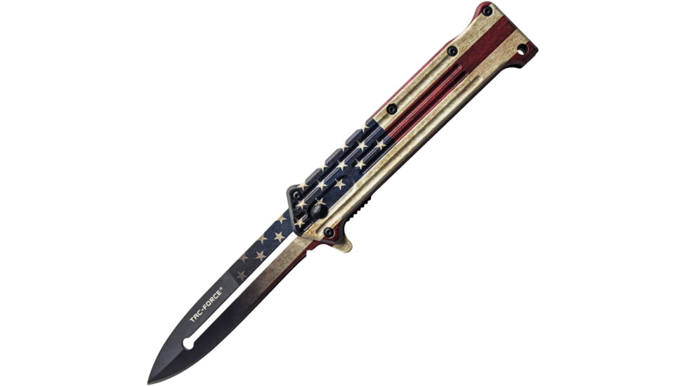 TAC Force Spear Point Spring Assisted Knife w/Pocket Clip, 3 in, 3Cr13 Stainless Steel Stainless Steel, Satin Flag, TF-457F