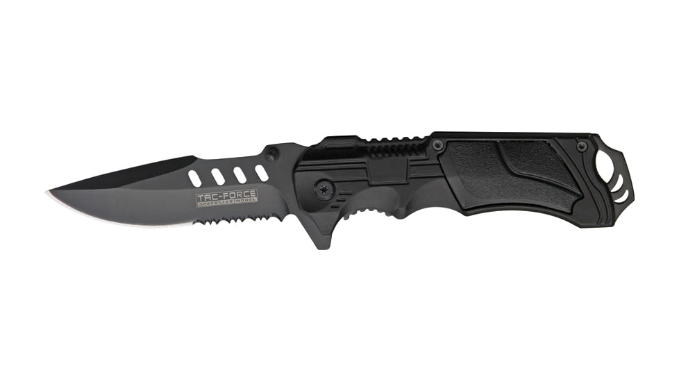 Tac Force Linerlock A/O Fold Knife 4.75, PS black coated SS spear point blade, Black finish Alum. handle TF690BK