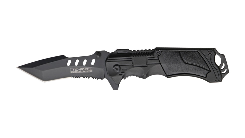 Tac Force Linerlock A/O Fold Knife 4.75, PS black coated SS spear point blade, Black finish Alum. handle TF690TB