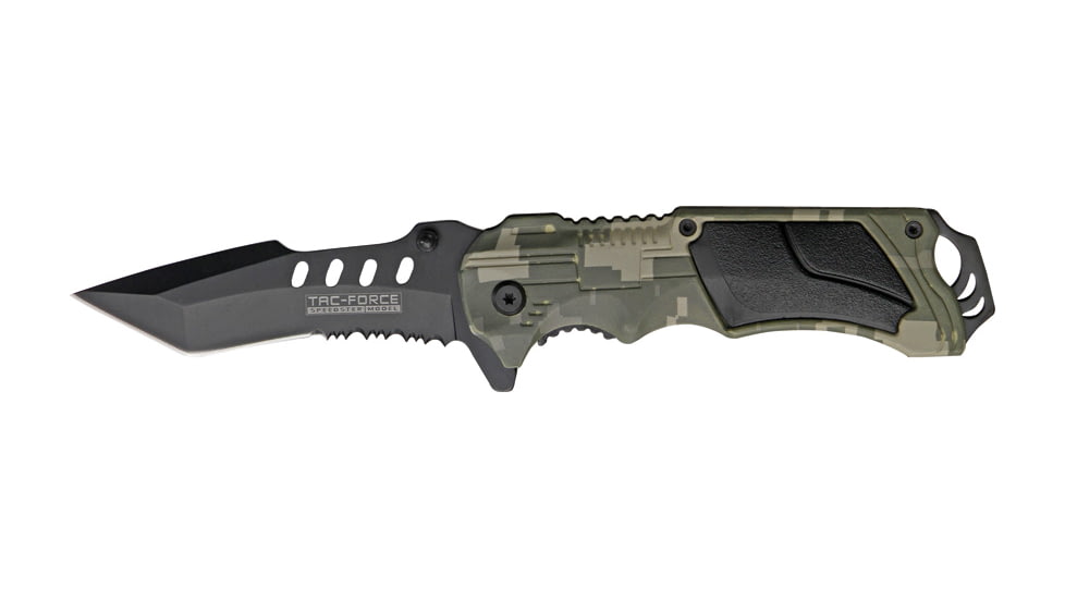Tac Force Linerlock A/O Fold Knife 4.75, PS black coated SS spear point blade, OD camo finish Alum. handle TF690TC