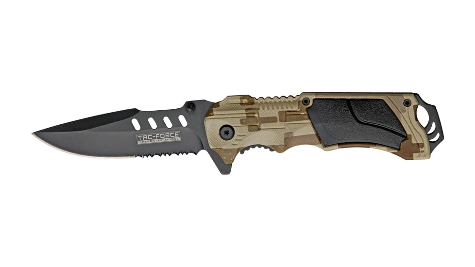 Tac Force Linerlock A/O Fold Knife 4.75, PS black coated SS spear point blade, Tan camo finish Alum. handle TF690CA