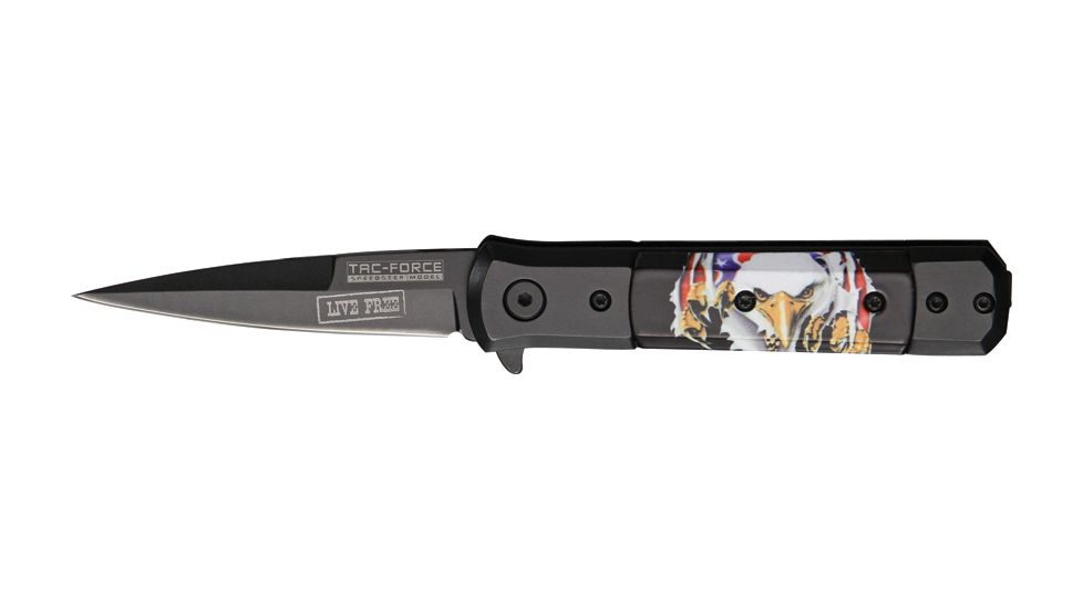 Tac Force Linerlock A/O Fold Knife 4in., black finish SS blade, Black Alum. handles with Compo. inlay with color p TF674E