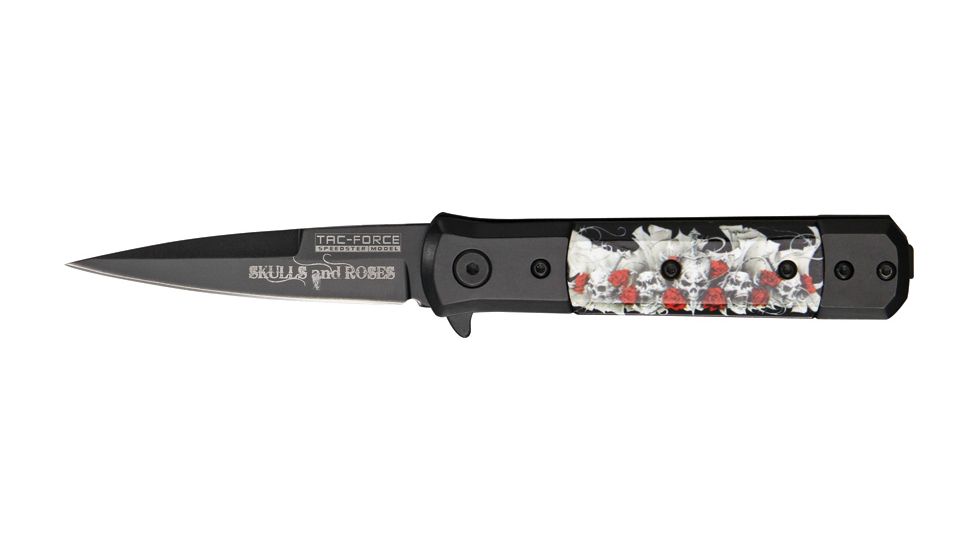 Tac Force Linerlock A/O Fold Knife 4in., black finish SS blade, Black Alum. handles with Compo. inlay with color s TF674R