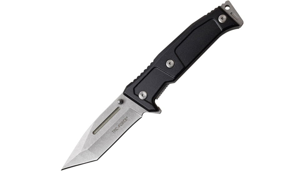 TAC Force Linerlock A/O Folding Knife, 5in Closed, 3.63in Stonewash 3Cr13 SS Tanto Blade, Black Anodized Aluminum Handle, Thumb Stud, Pocket Clip, TF-969BK