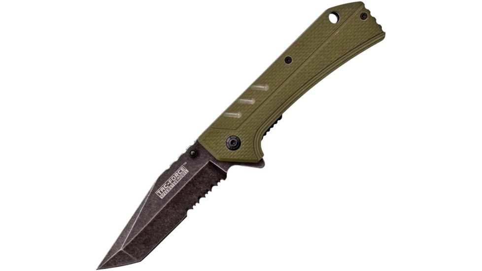 TAC Force Linerlock A/O Green Folding Knife,3.5in,Stainless Steel,Partially Serrated,Tanto,Stonewash,Green,G10 Handle TF851GN