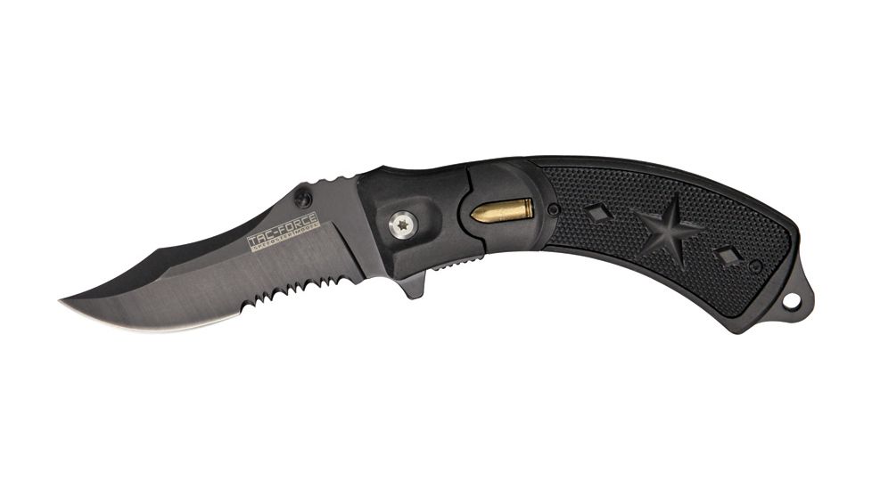 Tac Force Linerlock Fold Knife 5in, black coated HC SS PS clip point blade TF683BBK