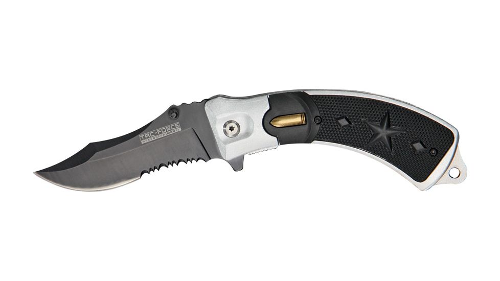 Tac Force Linerlock Fold Knife 5in, black coated HC SS PS clip point blade TF683BSL