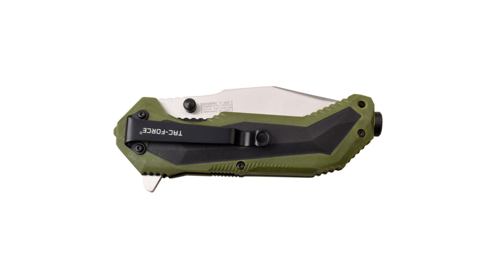 TAC Force Linerlock Green A/O Folding Knife, 5in Closed, 3.75in Satin 3Cr13 SS Tanto Blade, Green Frn Handle With Black Rubber Onlay, Thumb Stud, Pocket Clip, TF-980GN