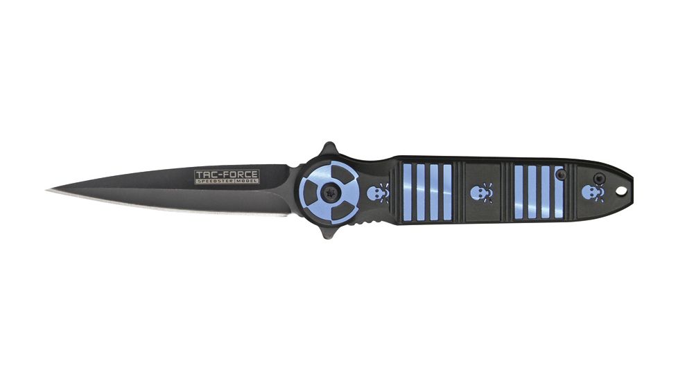 Tac Force Linerlock Speed Fold Knife 4.5in, black finish SS blade, Front handle has blue Alum. stripes and skulls tri TF694BL