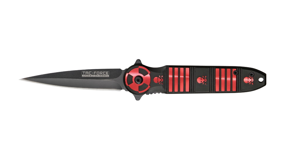 Tac Force Linerlock Speed Fold Knife 4.5in, black finish SS blade, Front handle has red Alum. stripes and skulls trim TF694RD