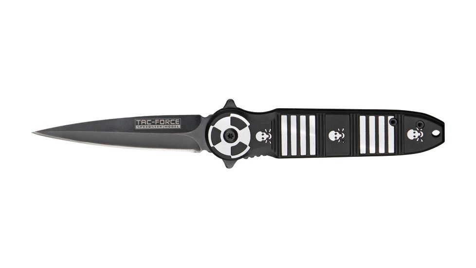 Tac Force Linerlock Speed Fold Knife 4.5in, black finish SS blade, Front handle has silver Alum. stripes and skulls t TF694BK