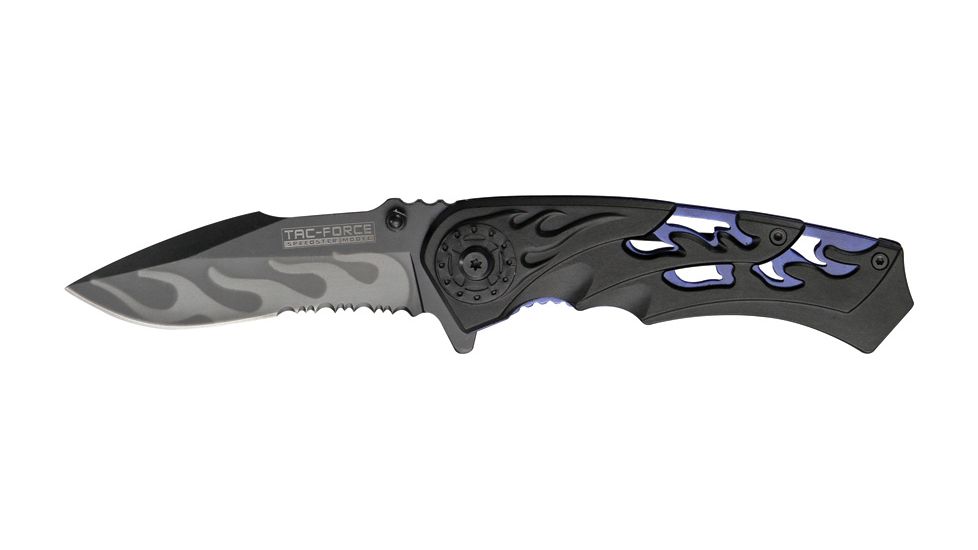 Tac Force Linerlock Speed Fold Knife 4.5in, black finish SS blade, Skeletonized blue Alum. liners with black skeleton TF691BBL