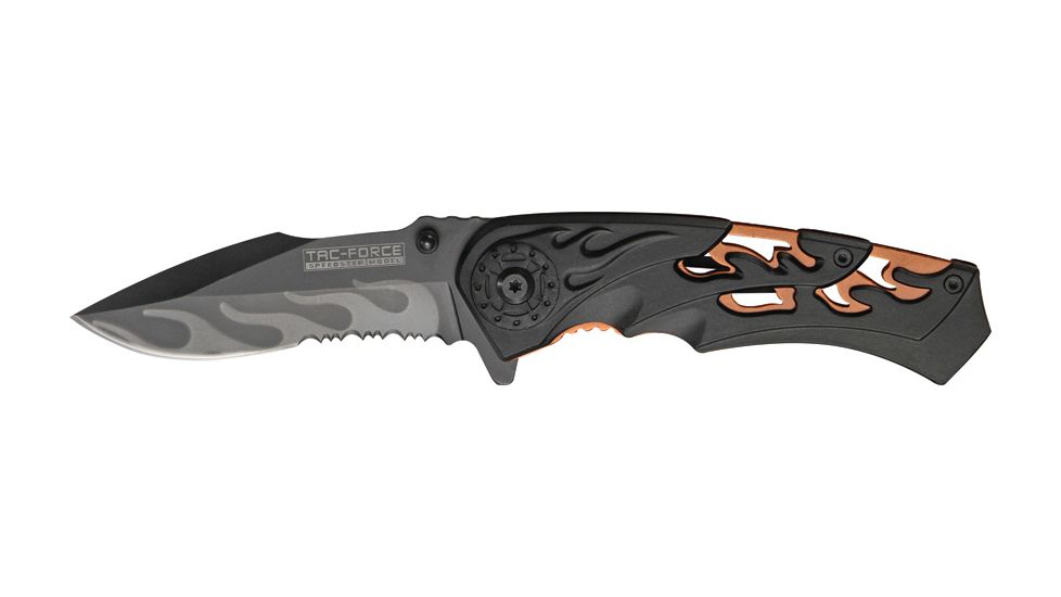 Tac Force Linerlock Speed Fold Knife 4.5in, black finish SS blade, Skeletonized burnt orange Alum. liners with black  TF691BOR
