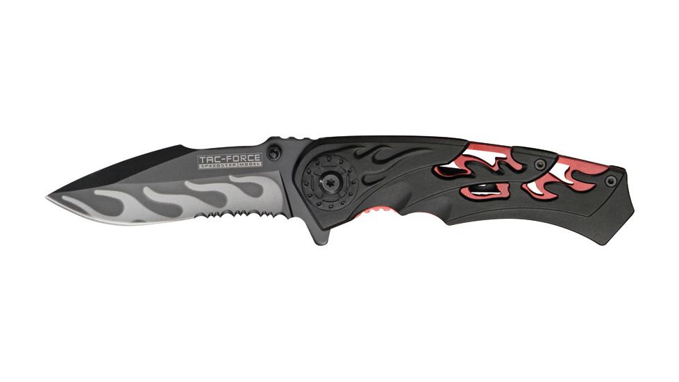 Tac Force Linerlock Speed Fold Knife 4.5in, black finish SS blade, Skeletonized red Alum. liners with black skeletoni TF691BRD