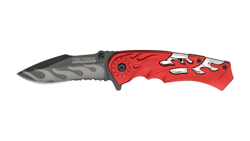 Tac Force Linerlock Speed Fold Knife 4.5in, black finish SS blade, Skeletonized silver Alum. liners with red skeleton TF691RDS