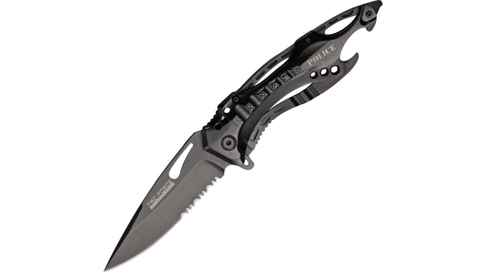 Tac Force Linerlock Speed Fold Knife 4.75in., PS drop point blade, Black finish block style grooved Alum. handl TF705BK
