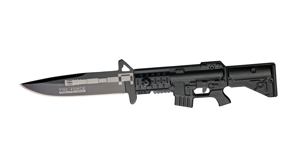 Tac Force M-16 Speed A/O Fold Knife, black SS blade, Black anodized Alum. handles in shape of M-16 TF741BK