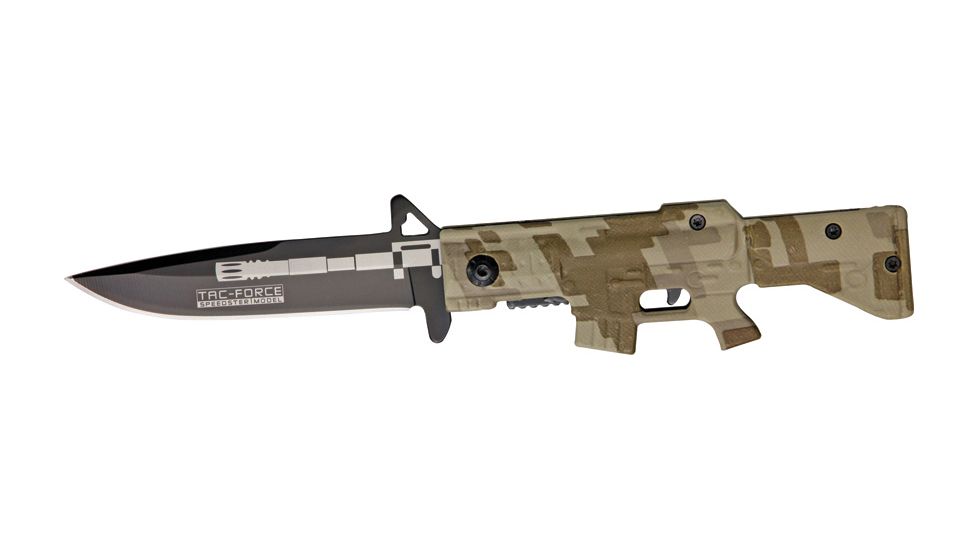 Tac Force M-16 Speed A/O Fold Knife, black SS blade, Compo. desert tan Camo handles in shape of M-16 TF741DM