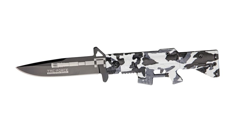 Tac Force M-16 Speed A/O Fold Knife, black SS blade, Compo. white Camo handles in shape of M-1 TF741DW