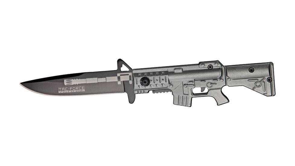 Tac Force M-16 Speed A/O Fold Knife, black SS blade, Gray anodized Alum. handles in shape of M-16 TF741GY