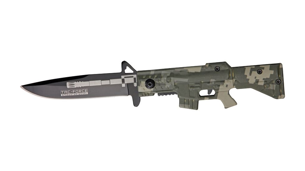 Tac Force M-16 Speed A/O Fold Knife, black SS blade, OD green Camo handles in shape of M-16 TF741DG