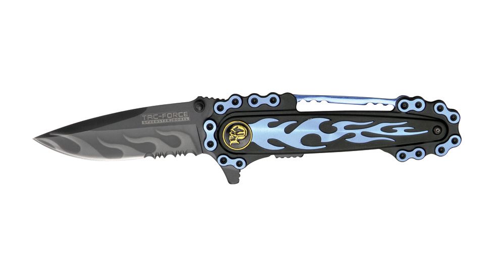 Tac Force Motorcycle Lock Fold Knife, black SS PS blade, blue flames and chain overlay trim TF628BL