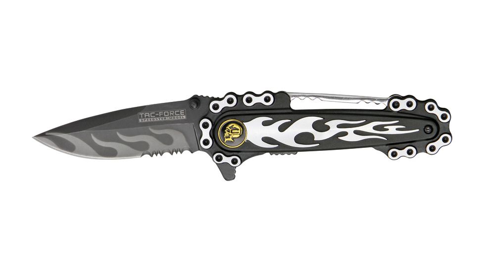 Tac Force Motorcycle Lock Fold Knife, black SS PS blade, gray flames and chain overlay trim TF628GY