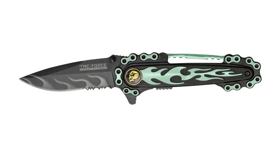 Tac Force Motorcycle Lock Fold Knife, black SS PS blade, green flames and chain overlay trim TF628GN