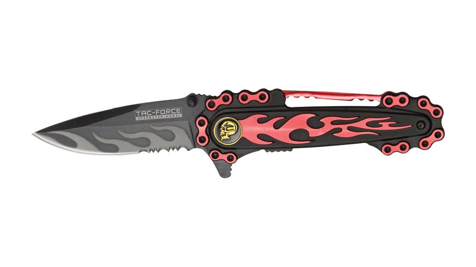 Tac Force Motorcycle Lock Fold Knife, black SS PS blade, red flames and chain overlay trim TF628RD