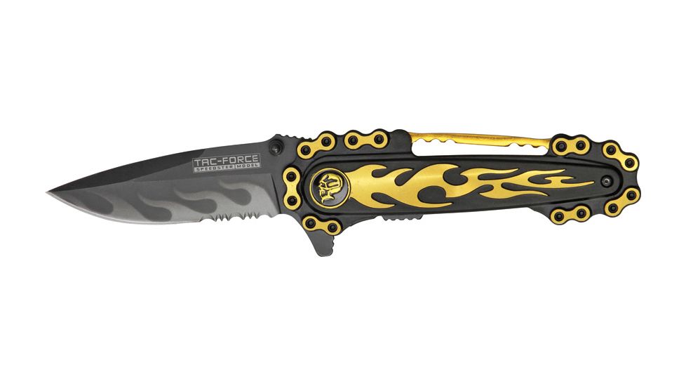 Tac Force Motorcycle Lock Fold Knife, black SS PS blade, yellow flames and chain overlay TF628YL