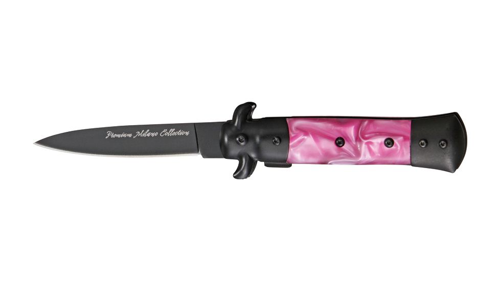 Tac Force Prem. Milano Fold Knife, Black Blade, black SS A/O blade, Black Alum. handles w/ pink swirl Cell. inla TF675PKB