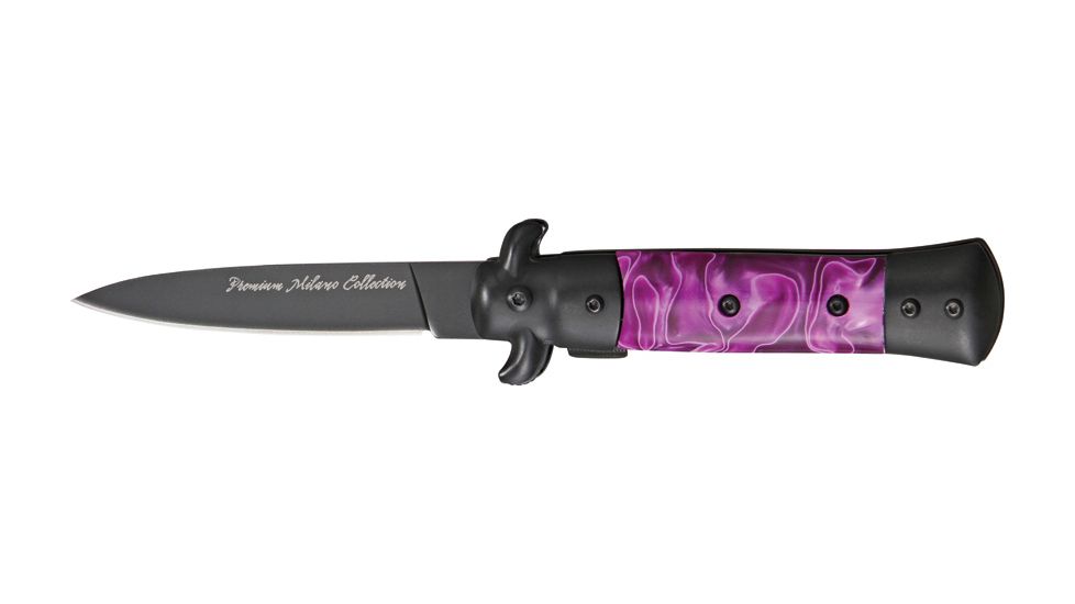 Tac Force Prem. Milano Fold Knife, Black Blade, black SS A/O blade, Black Alum. handles w/ purple swirl Cell. inlay TF675PBB