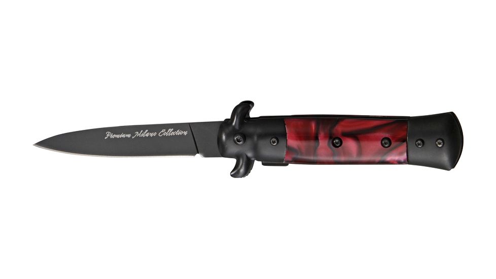 Tac Force Prem. Milano Fold Knife, Black Blade, black SS A/O blade, Black Alum. handles w/ red and black swirl Cell. i TF675RBB